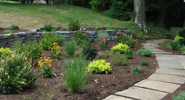 Flowering perennial garden with mulch, stone edging and a walkway
